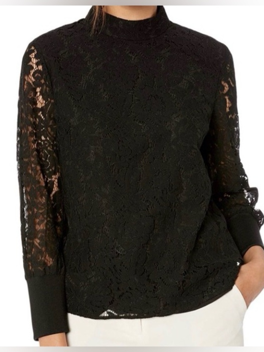 Ted Baker London Black Lace Long-Sleeve Mock Neck Top